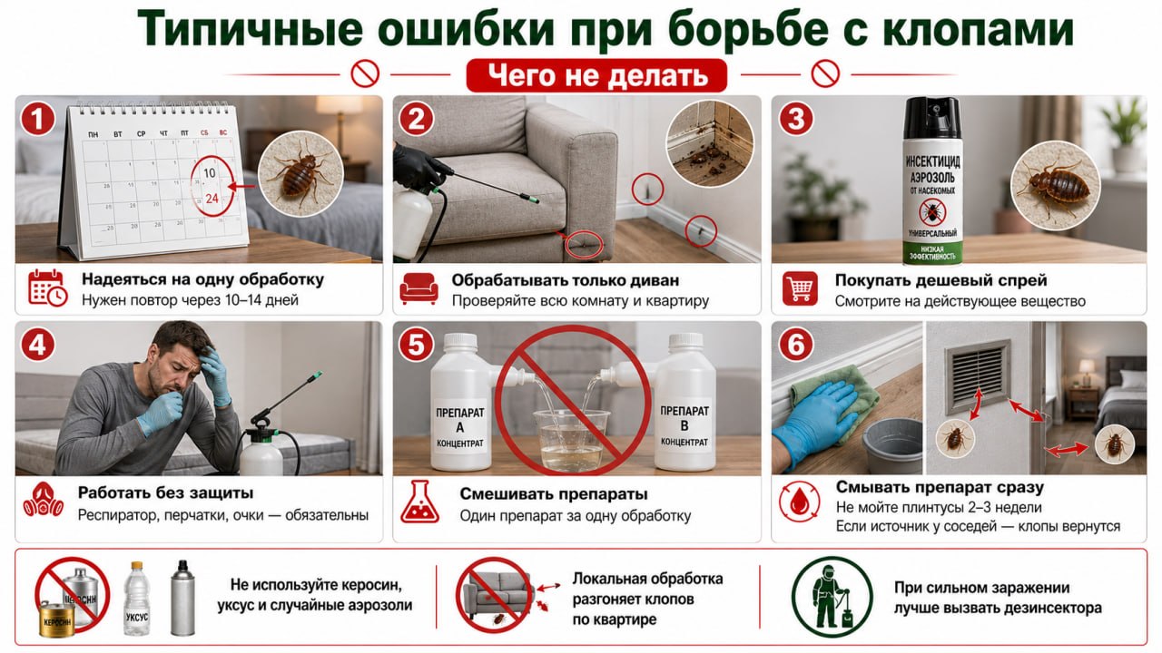 Типичные ошибки &ndash; чего не делать при борьбе с клопами